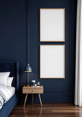 Bedroom Navy Styled Room Mockup — Natural Oak Frame Portrait 2:3 — Perspective View — #04257 | MockupBulk