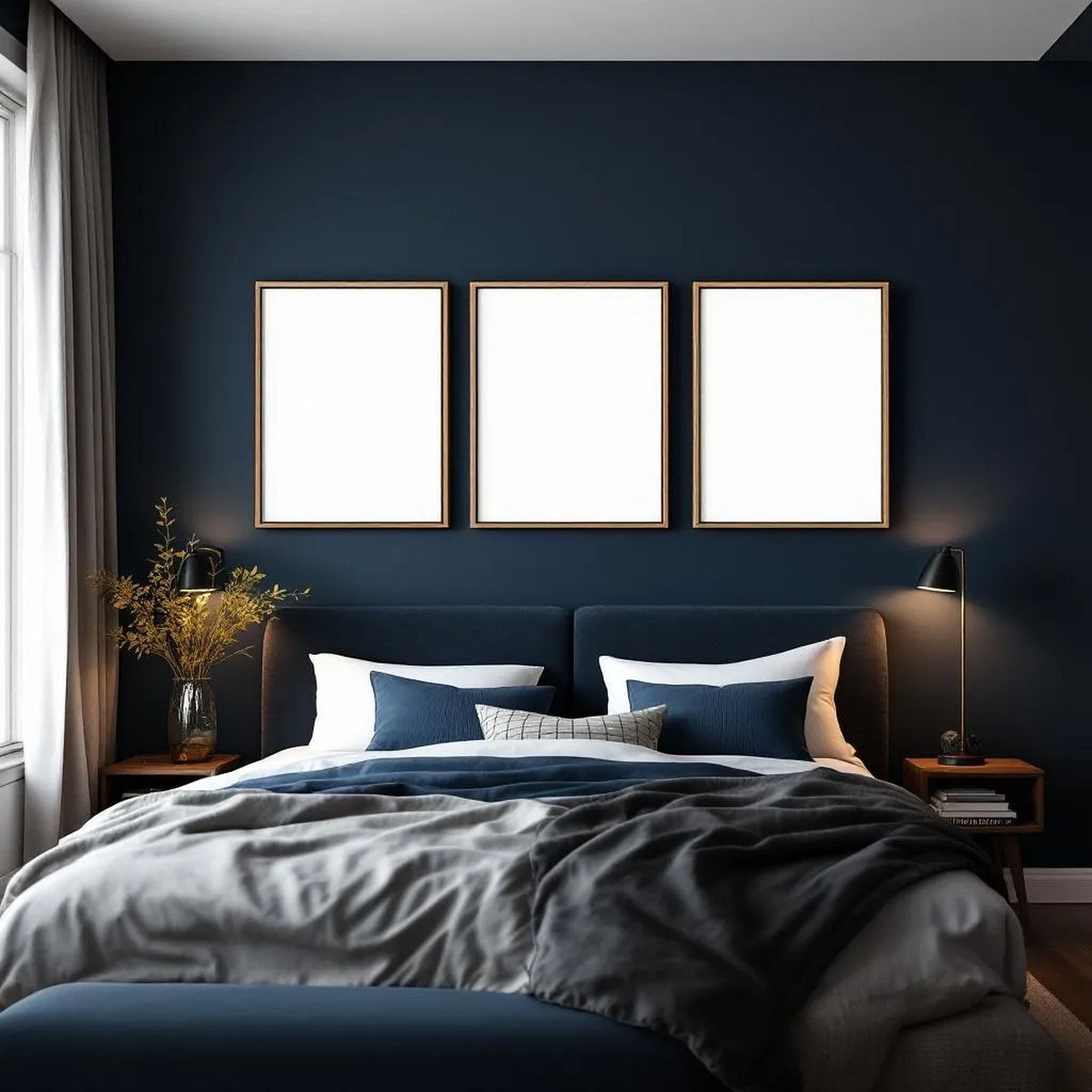 Bedroom Navy Premium Interior Mockup — Plain Square Frame Portrait 2:3 — Perspective View — #04258 | MockupBulk