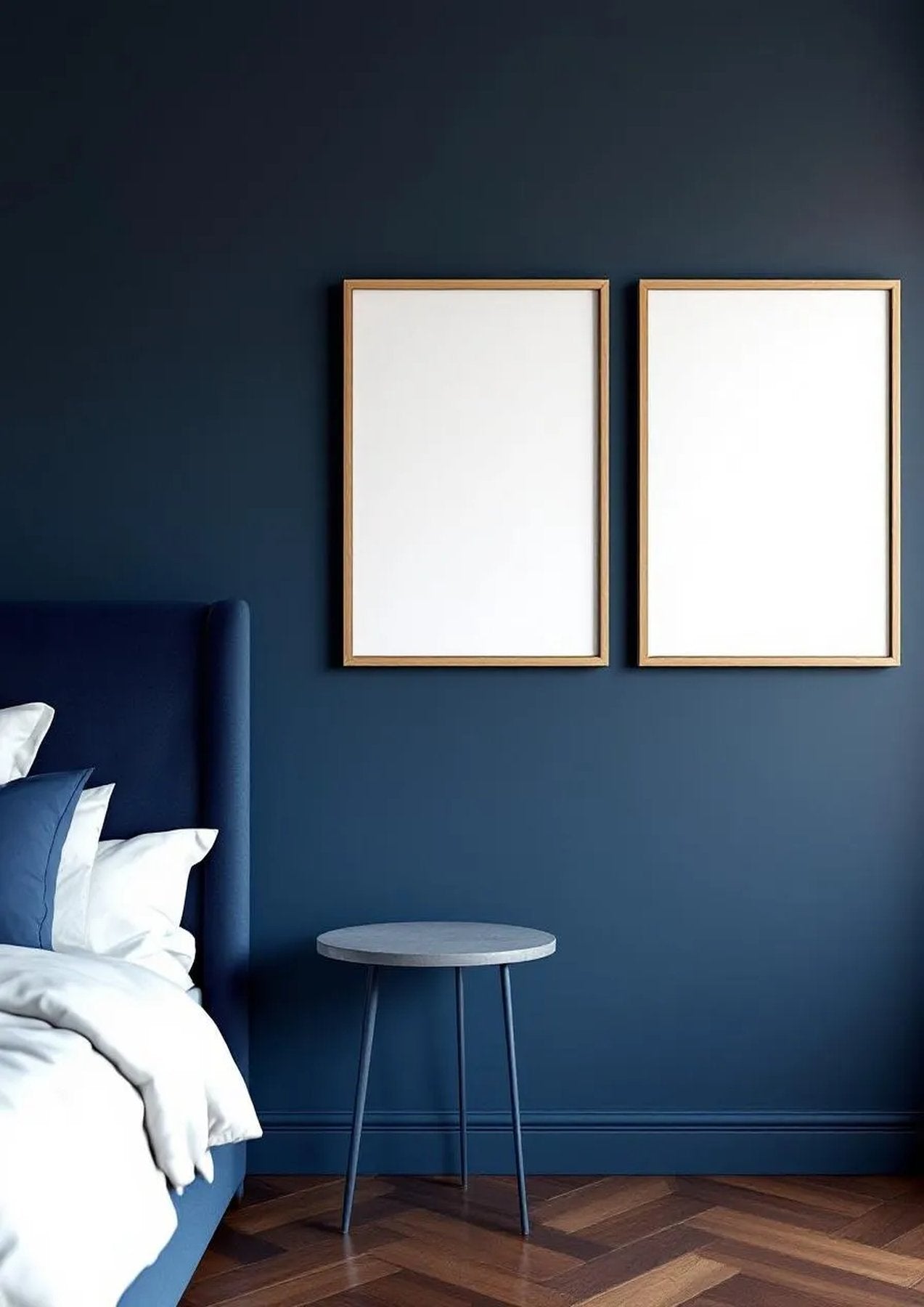 Bedroom Navy Styled Room Mockup — Natural Oak Frame Portrait 2:3 — Perspective View — #04260 | MockupBulk