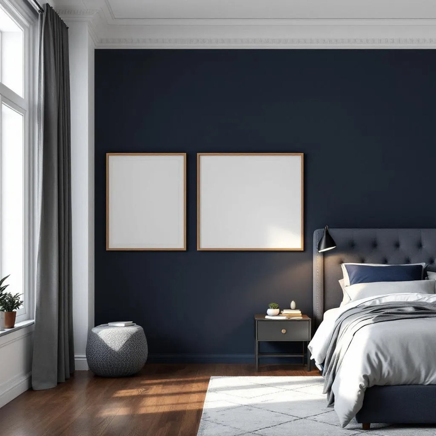 Bedroom Navy Room Scene Mockup — Plain Square Frame Portrait 2:3 — Perspective View — #04261 | MockupBulk