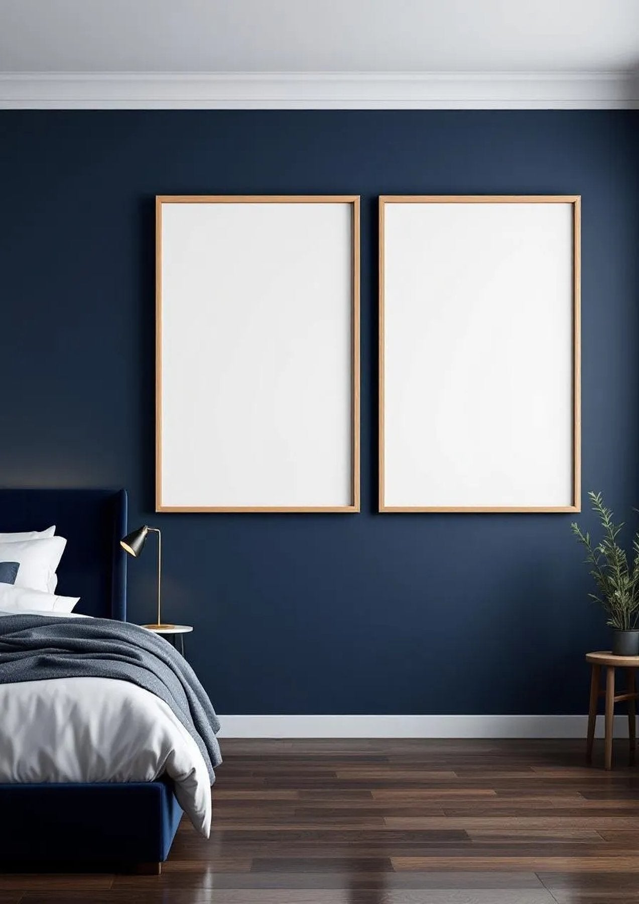 Bedroom Navy Editorial Room Mockup — Natural Oak Frame Portrait 2:3 — Perspective View — #04263 | MockupBulk