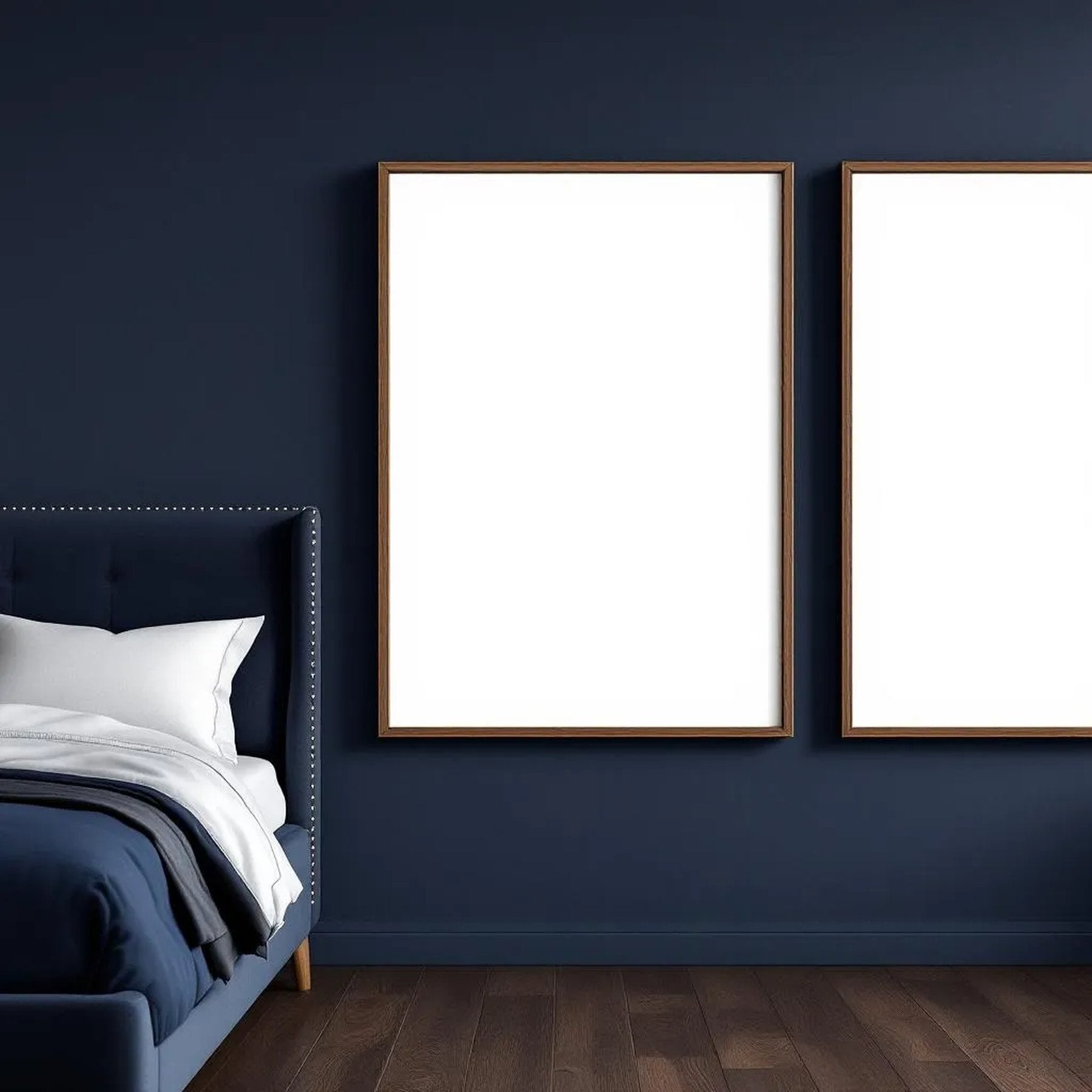 Bedroom Navy Room Scene Mockup — Plain Square Frame A-Series (A4 / A3) — Perspective View — #04267 | MockupBulk
