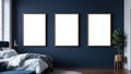 Bedroom Navy Styled Room Mockup — Walnut Frame Portrait 2:3 — Perspective View — #04268 | MockupBulk