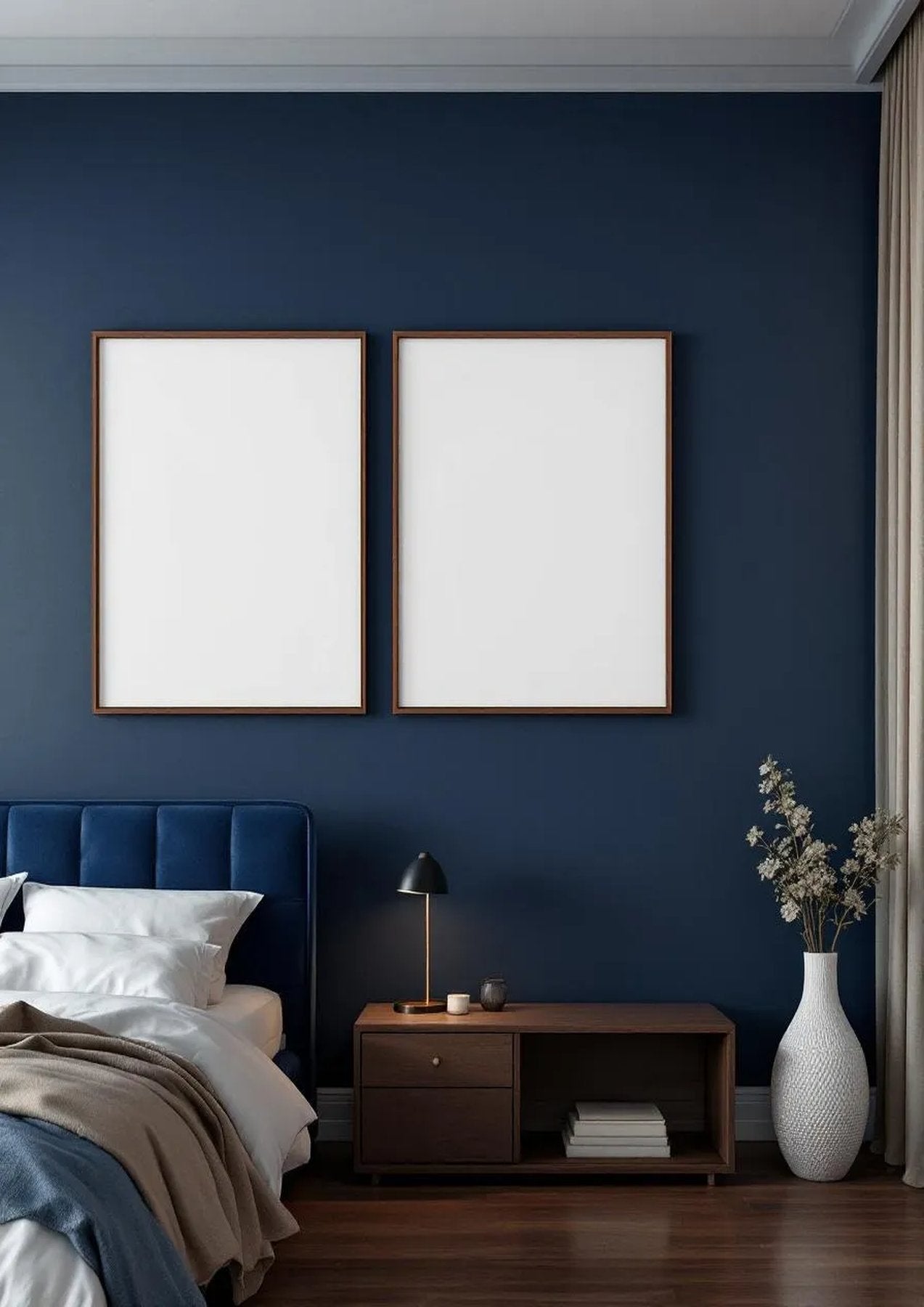 Bedroom Navy High-Res Frame Mockup — Walnut Frame Portrait 2:3 — Perspective View — #04269 | MockupBulk