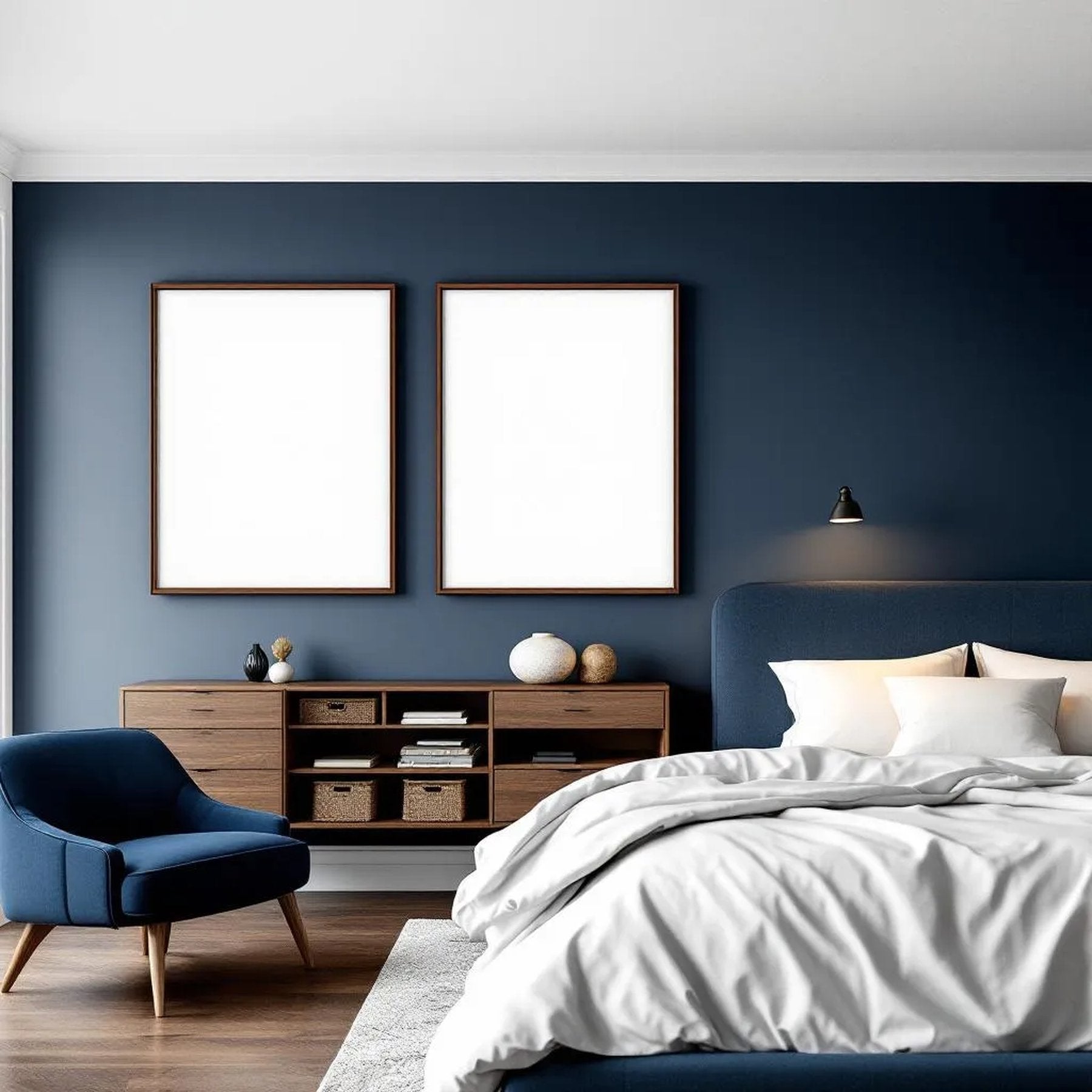 Bedroom Navy Premium Interior Mockup — Plain Square Frame Landscape 3:4 — Perspective View — #04270 | MockupBulk