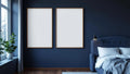 Bedroom Navy Styled Room Mockup — Walnut Frame Portrait 2:3 — Perspective View — #04271 | MockupBulk