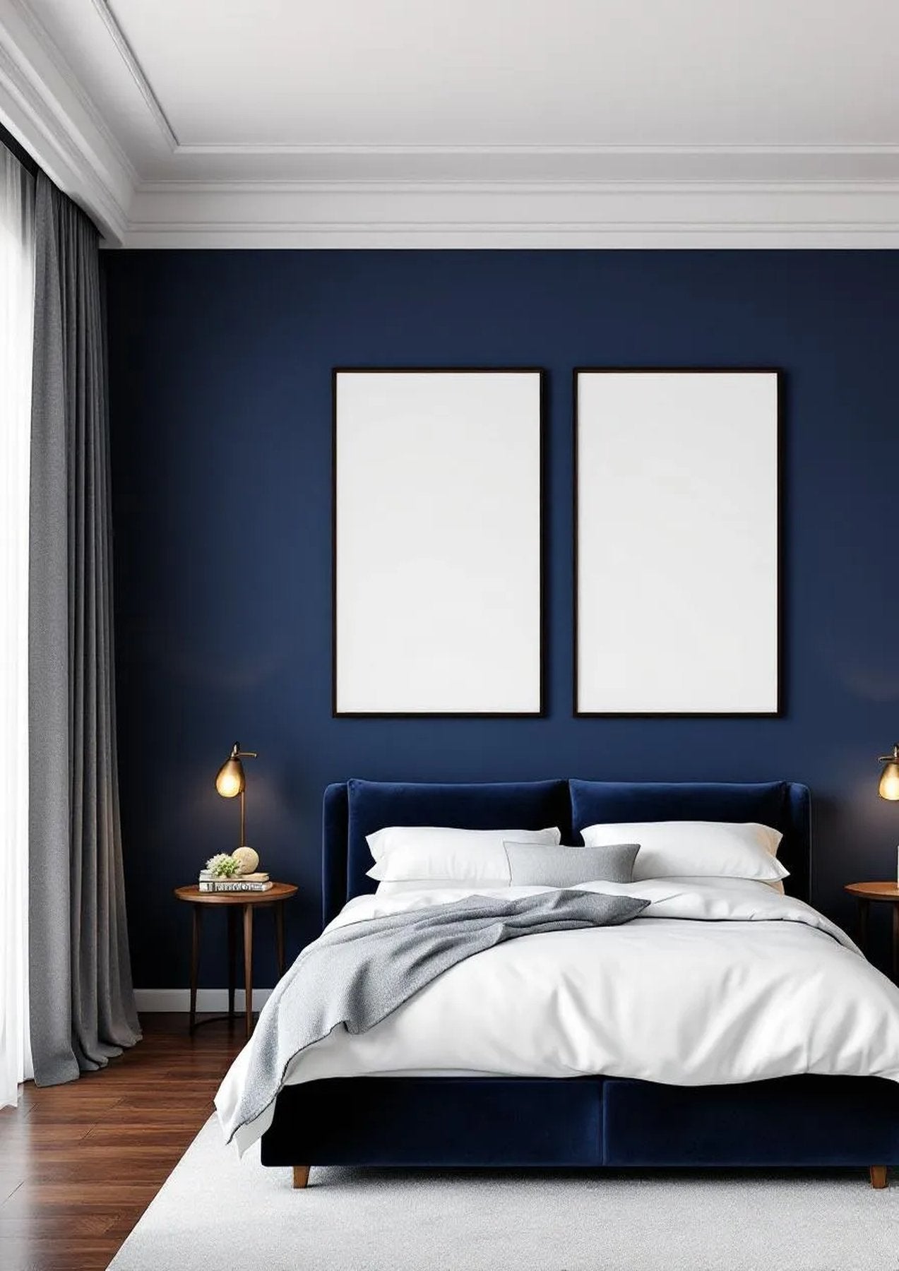Bedroom Navy Interior Frame Mockup — Walnut Frame Portrait 2:3 — Perspective View — #04272 | MockupBulk