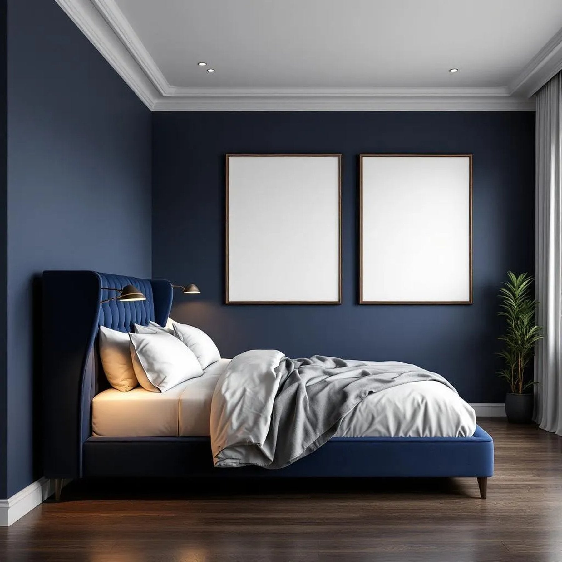 Bedroom Navy Room Scene Mockup — Plain Square Frame Portrait 2:3 — Perspective View — #04273 | MockupBulk