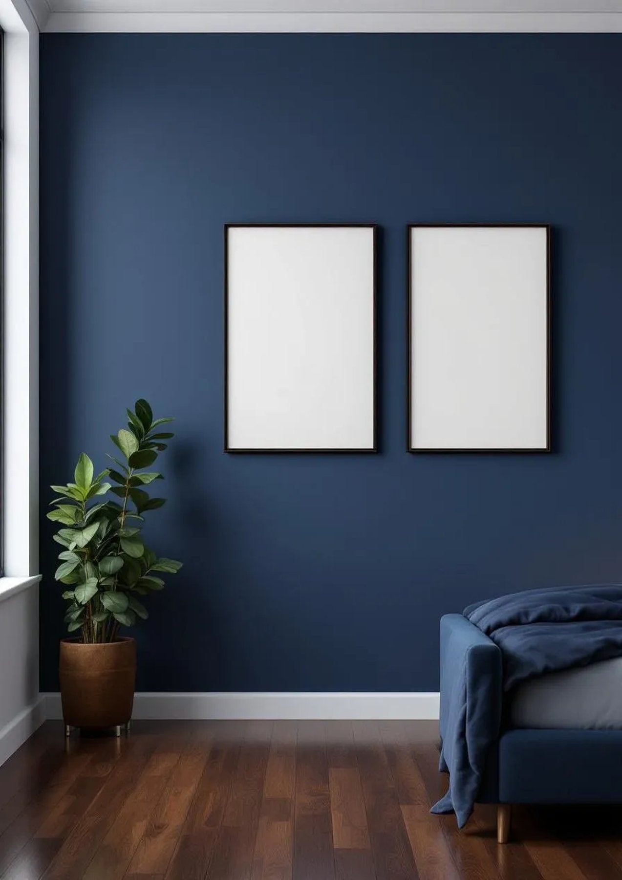 Bedroom Navy Premium Interior Mockup — Walnut Frame Portrait 2:3 — Perspective View — #04275 | MockupBulk
