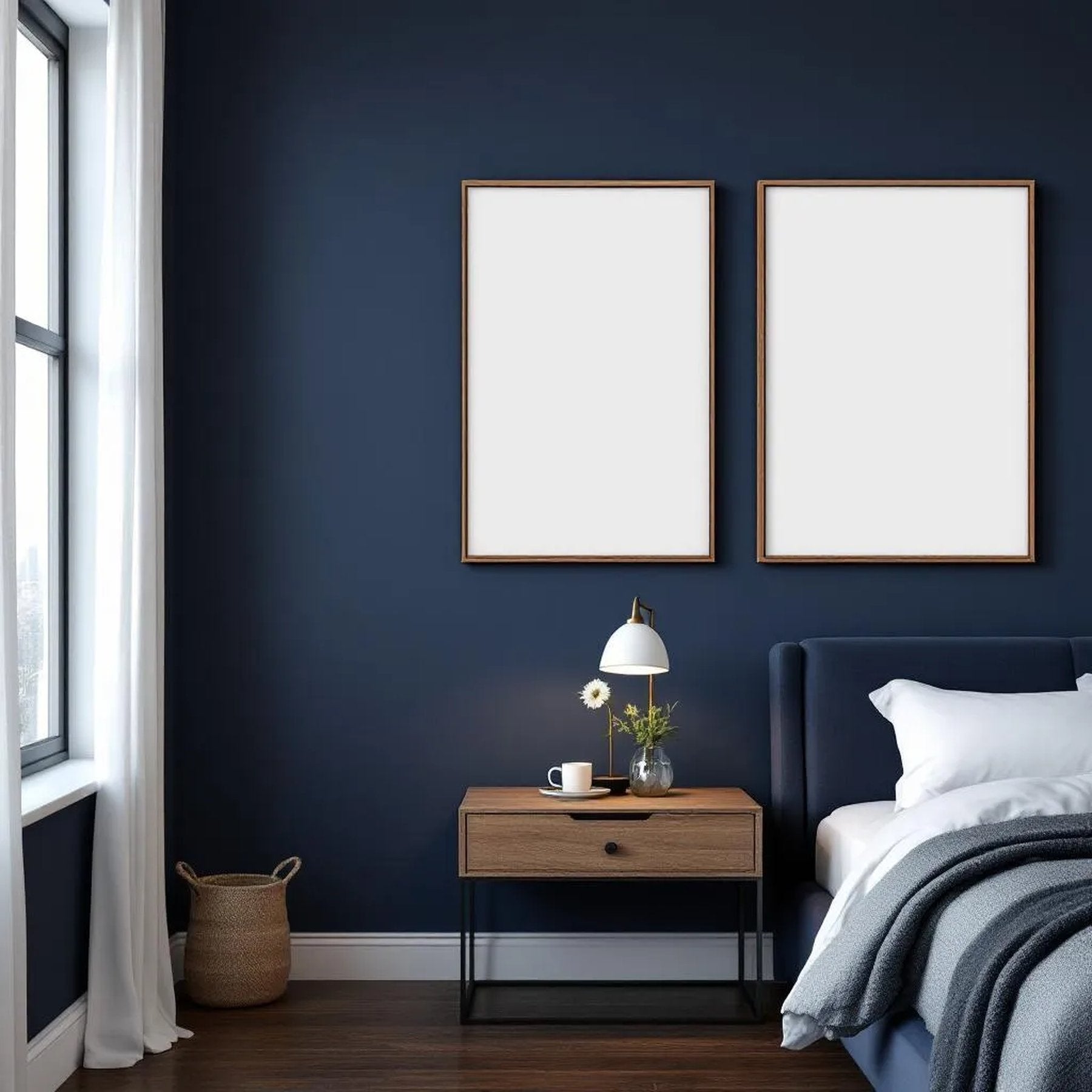 Bedroom Navy Frame Display Mockup — Plain Square Frame Portrait 2:3 — Perspective View — #04276 | MockupBulk