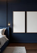 Bedroom Navy Wall Art Mockup — Walnut Frame Portrait 2:3 — Perspective View — #04278 | MockupBulk