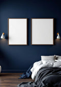 Bedroom Navy Interior Frame Mockup — Walnut Frame A-Series (A4 / A3) — Perspective View — #04281 | MockupBulk