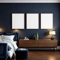 Bedroom Navy Premium Interior Mockup — Plain Square Frame Portrait 2:3 — Perspective View — #04282 | MockupBulk