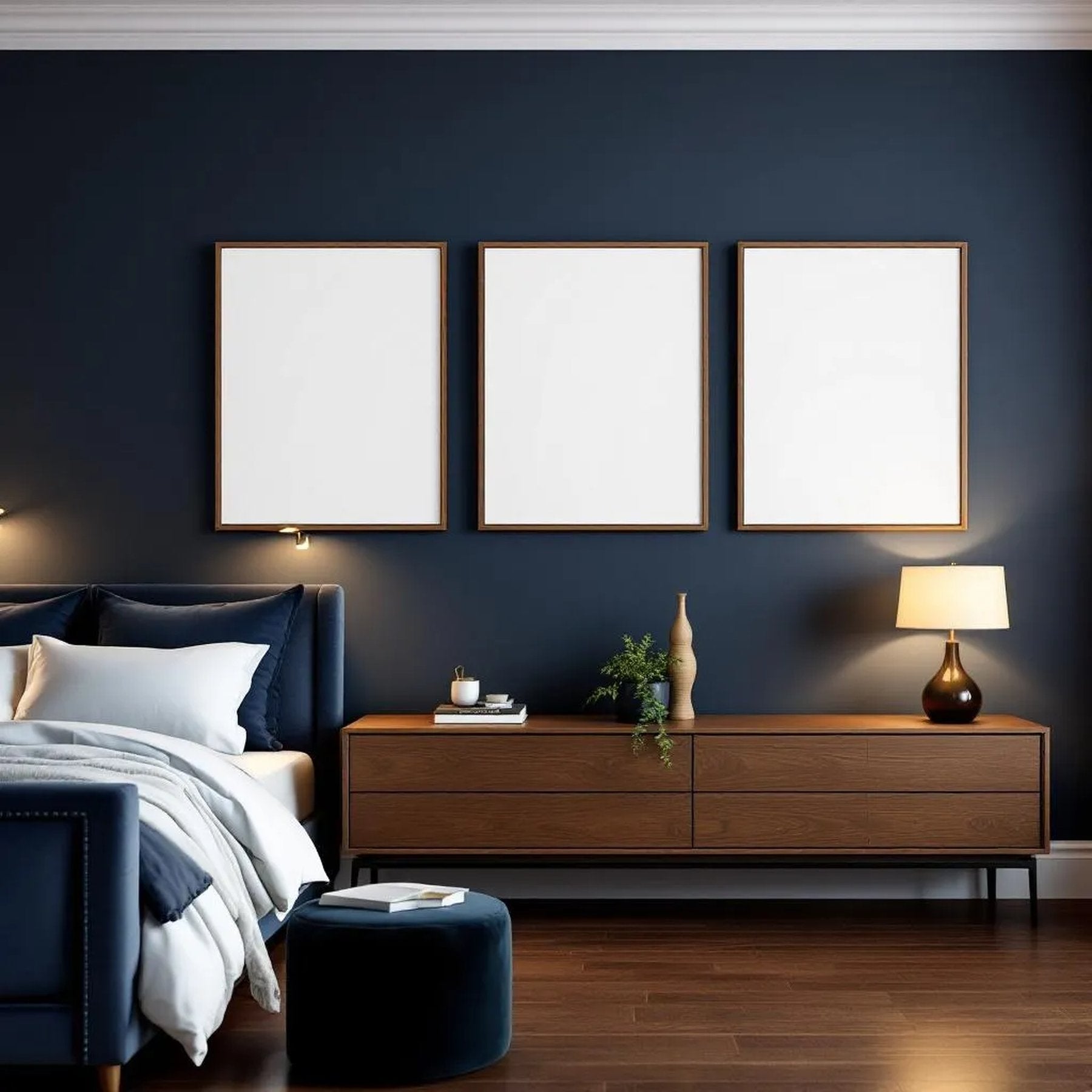 Bedroom Navy Premium Interior Mockup — Plain Square Frame Portrait 2:3 — Perspective View — #04282 | MockupBulk