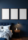 Bedroom Navy Interior Frame Mockup — Walnut Frame Portrait 2:3 — Perspective View — #04284 | MockupBulk