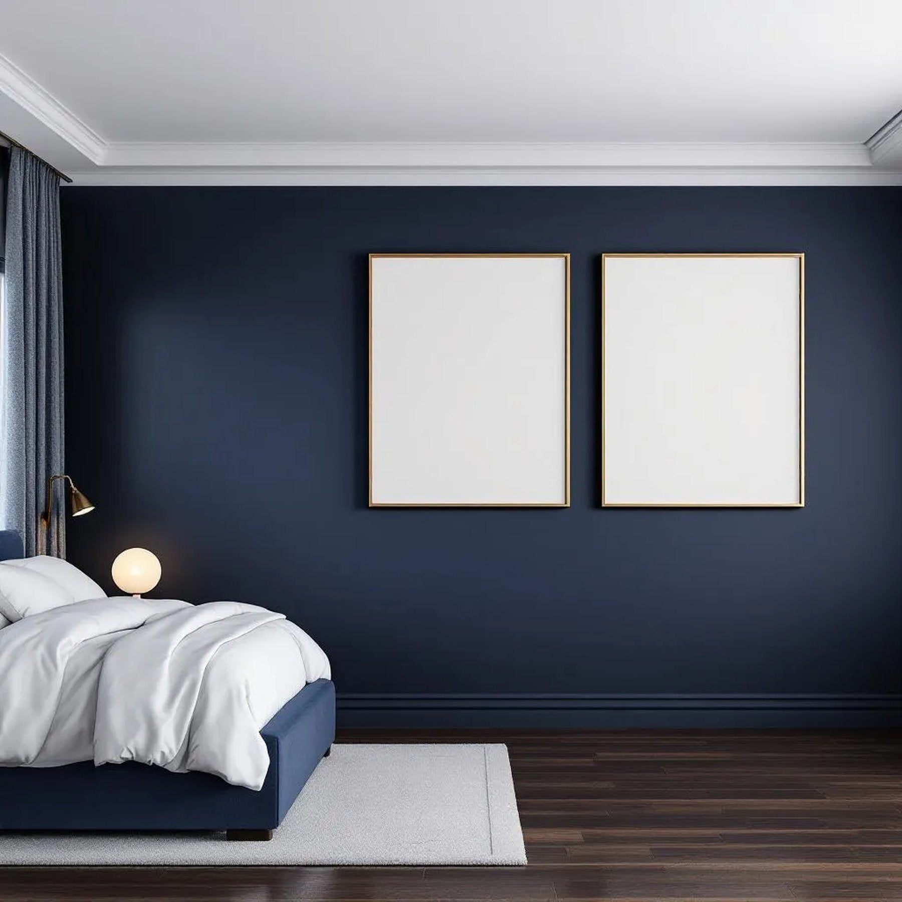 Bedroom Navy Styled Room Mockup — Plain Square Frame Portrait 2:3 — Perspective View — #04285 | MockupBulk