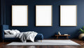 Bedroom Navy Interior Frame Mockup — Gold Frame Portrait 2:3 — Perspective View — #04286 | MockupBulk