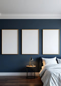Bedroom Navy Wall Art Mockup — Gold Frame Portrait 2:3 — Perspective View — #04287 | MockupBulk