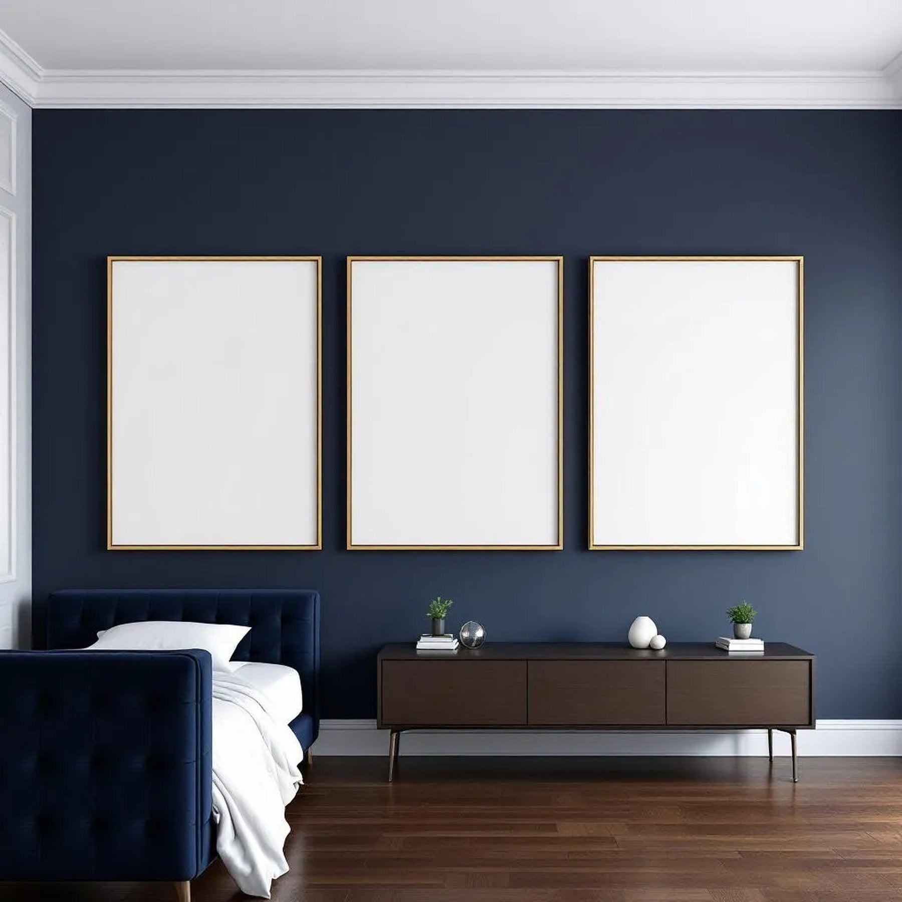 Bedroom Navy Lifestyle Frame Mockup — Plain Square Frame Portrait 2:3 — Perspective View — #04291 | MockupBulk