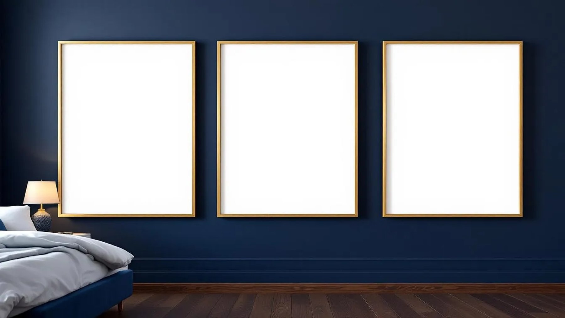 Bedroom Navy Wall Art Mockup — Gold Frame Landscape 11x14 — Perspective View — #04292 | MockupBulk