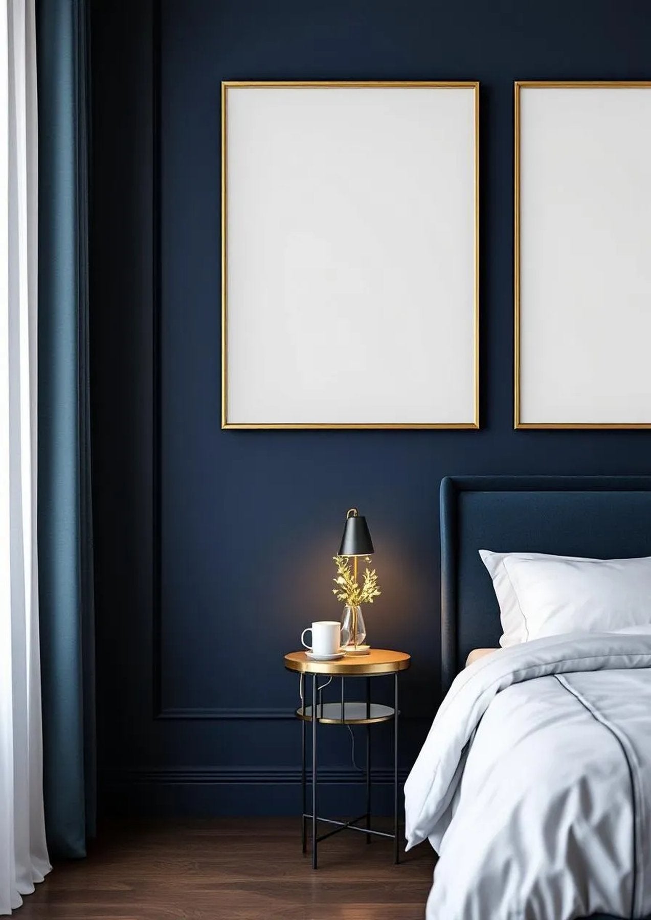 Bedroom Navy Lifestyle Frame Mockup — Gold Frame Portrait 2:3 — Perspective View — #04293 | MockupBulk