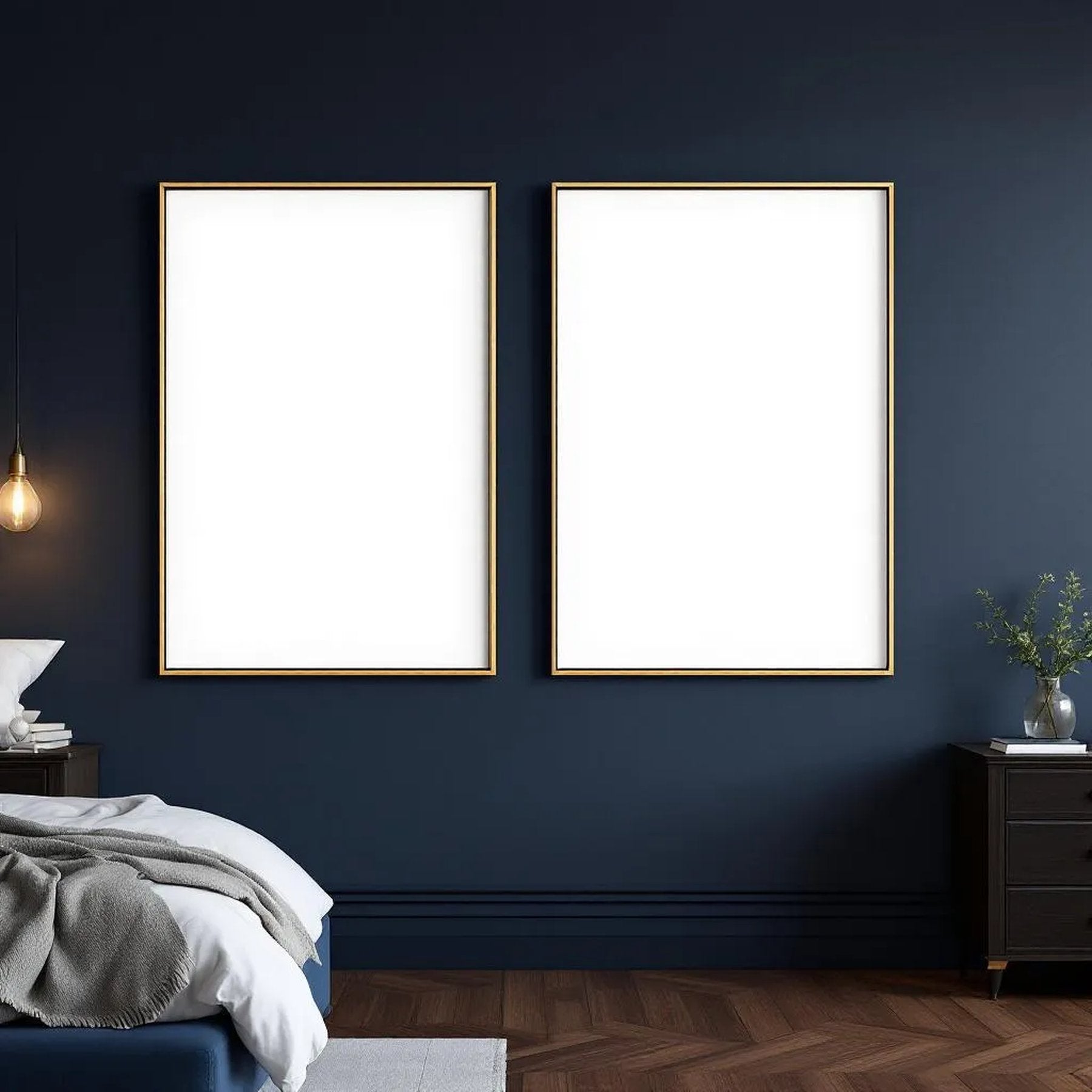 Bedroom Navy Frame Display Mockup — Plain Square Frame Portrait 2:3 — Perspective View — #04294 | MockupBulk