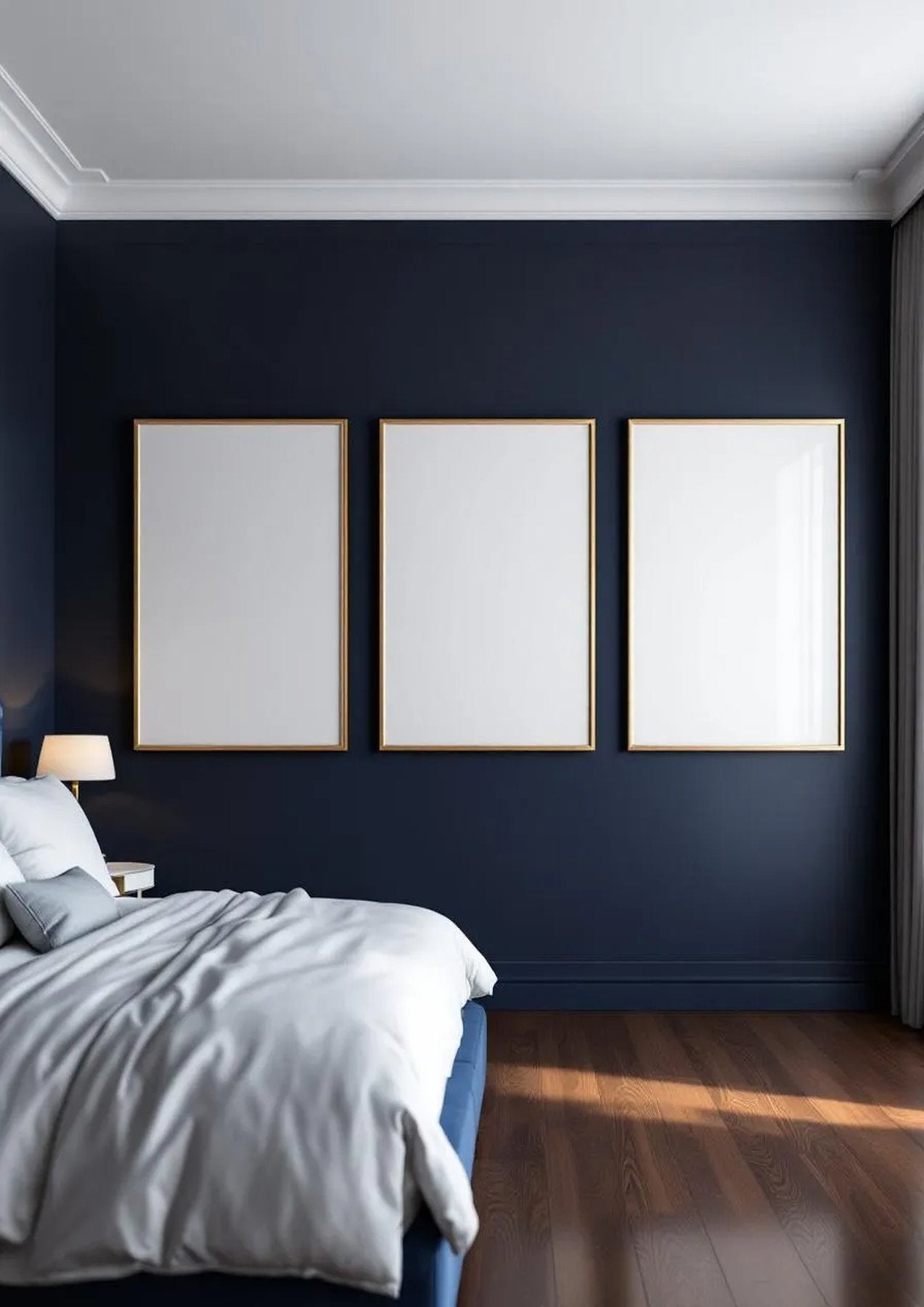Bedroom Navy High-Res Frame Mockup — Gold Frame Portrait 2:3 — Perspective View — #04296 | MockupBulk
