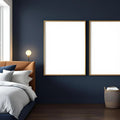 Bedroom Navy Interior Frame Mockup — Plain Square Frame Landscape 3:4 — Perspective View — #04297 | MockupBulk