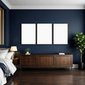Bedroom Navy Wall Art Mockup — Plain Square Frame Portrait 2:3 — Perspective View — #04303 | MockupBulk