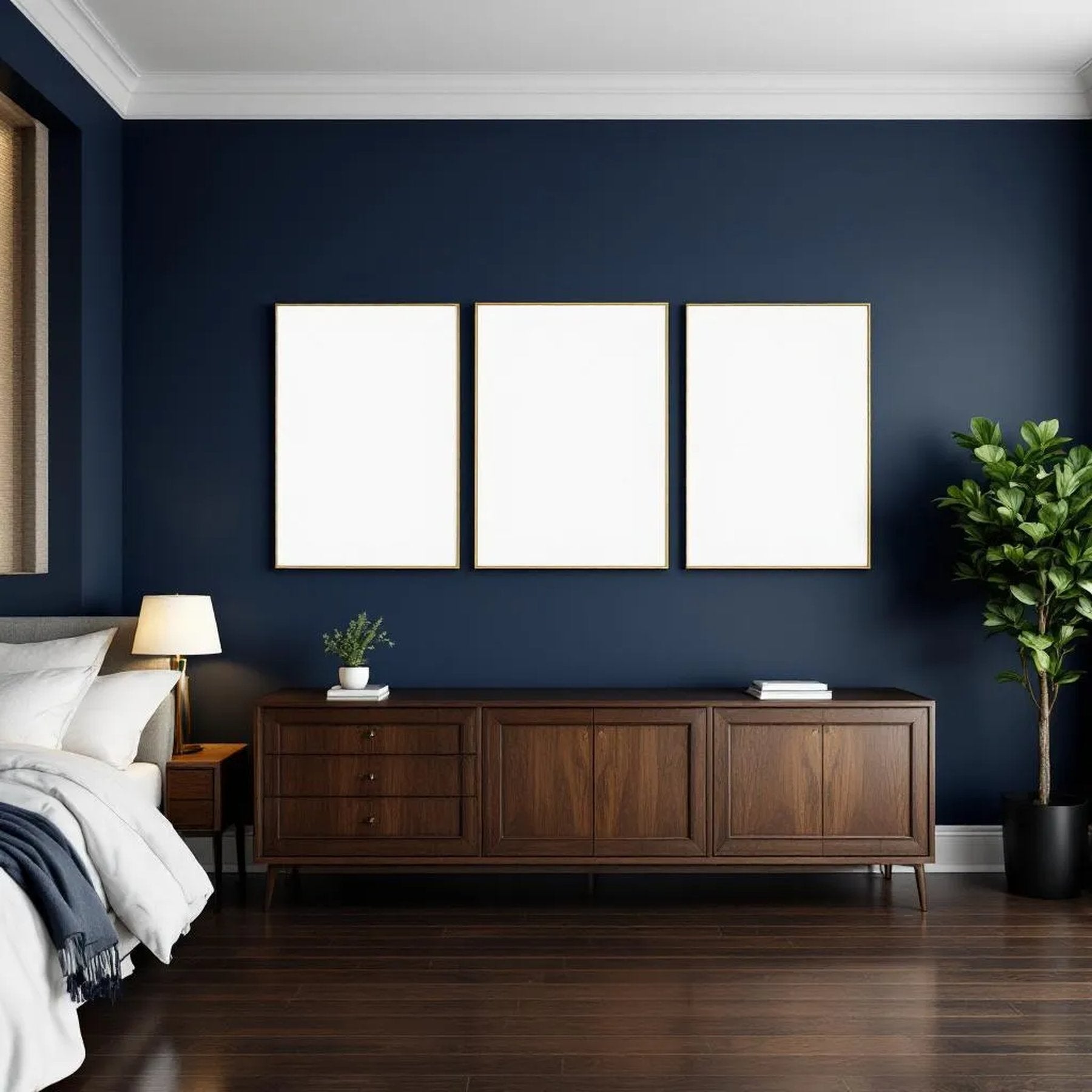 Bedroom Navy Wall Art Mockup — Plain Square Frame Portrait 2:3 — Perspective View — #04303 | MockupBulk