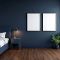 Bedroom Navy Wall Art Mockup — Plain Square Frame Portrait 5:7 — Perspective View — #04306 | MockupBulk