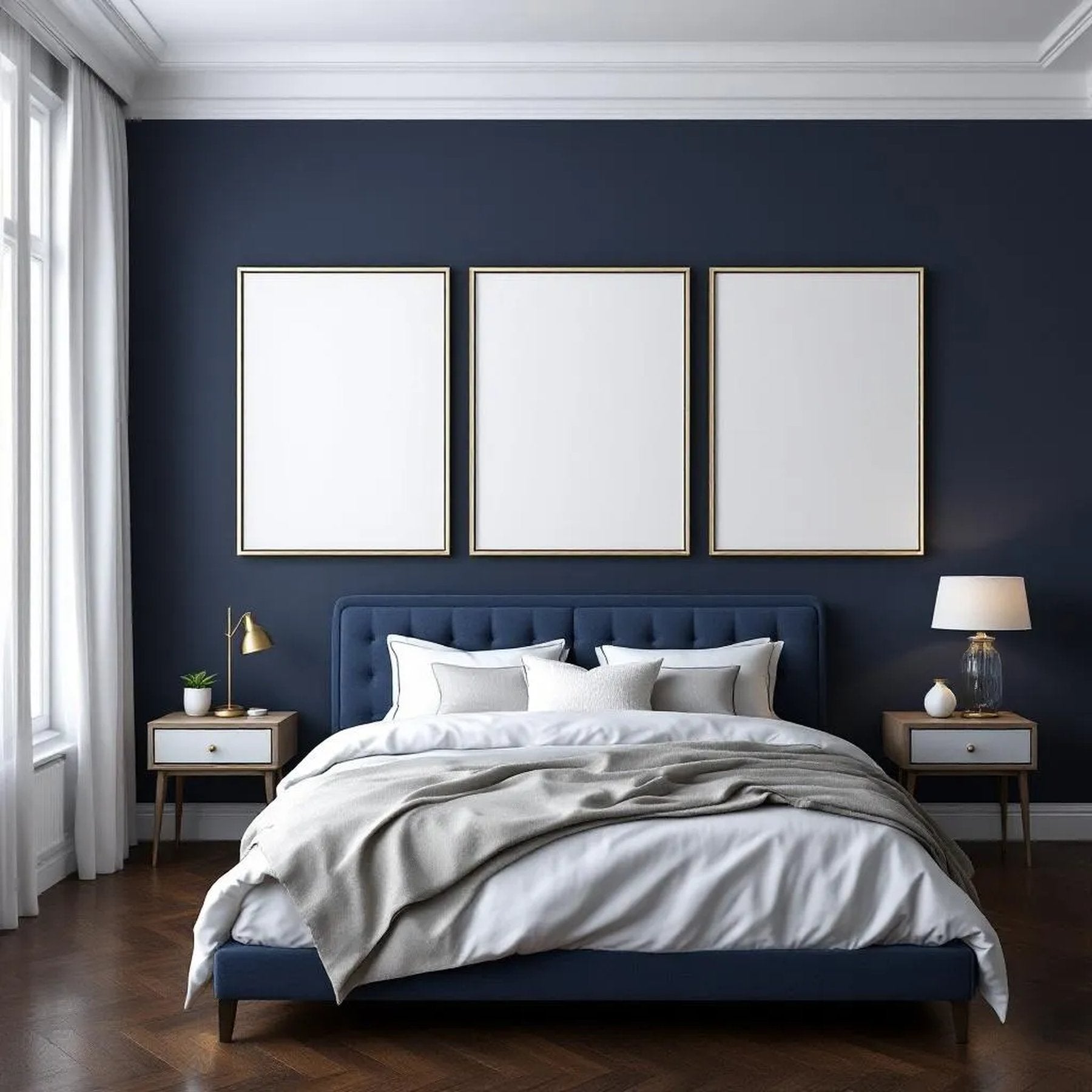 Bedroom Navy Styled Room Mockup — Plain Square Frame Portrait 2:3 — Perspective View — #04309 | MockupBulk