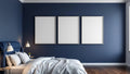 Bedroom Navy Editorial Room Mockup — Silver Frame Portrait 2:3 — Perspective View — #04310 | MockupBulk