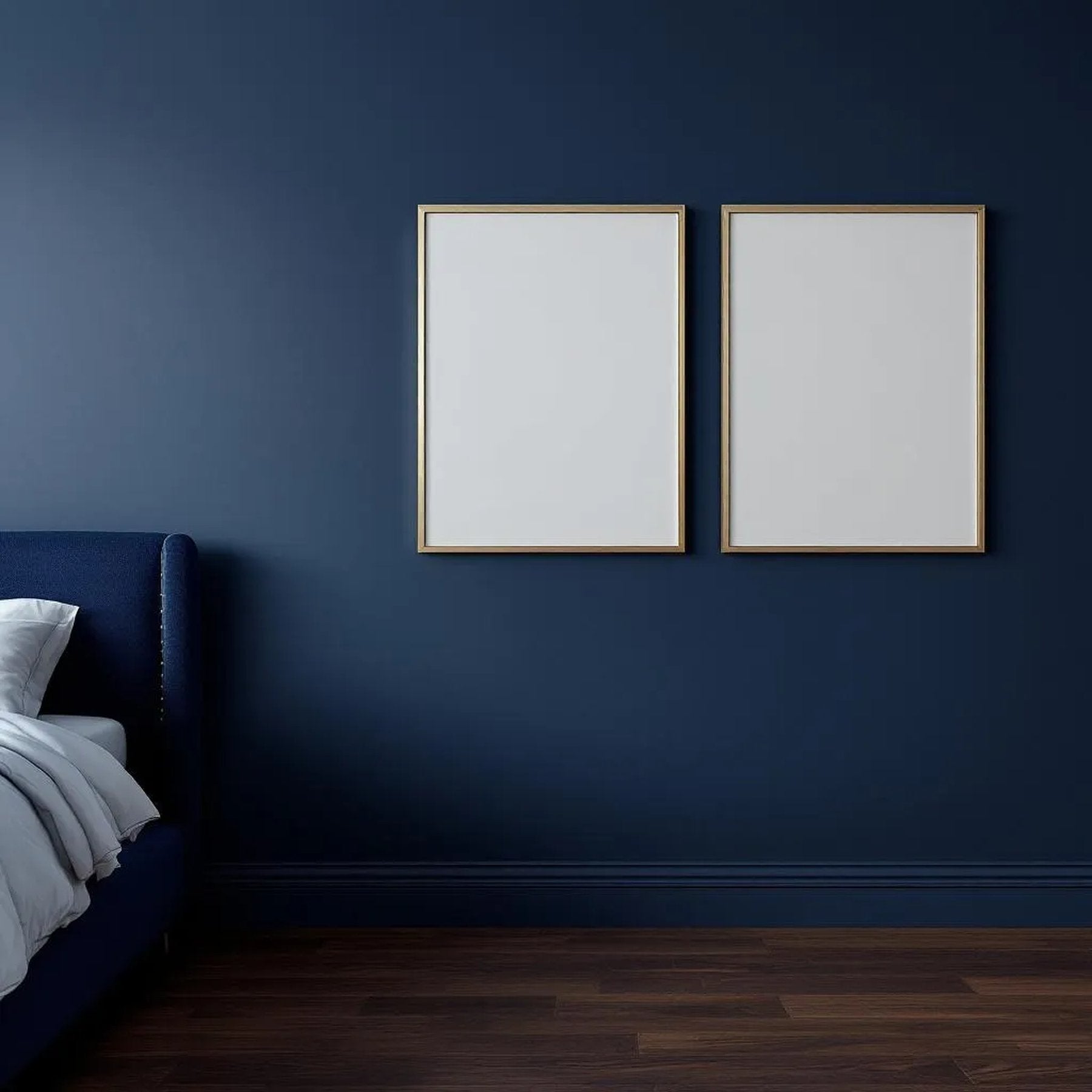 Bedroom Navy Editorial Room Mockup — Plain Square Frame Landscape 11x14 — Perspective View — #04312 | MockupBulk