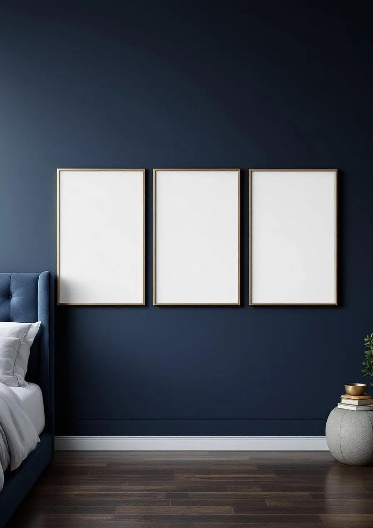Bedroom Navy Wall Art Mockup — Silver Frame Portrait 2:3 — Perspective View — #04314 | MockupBulk