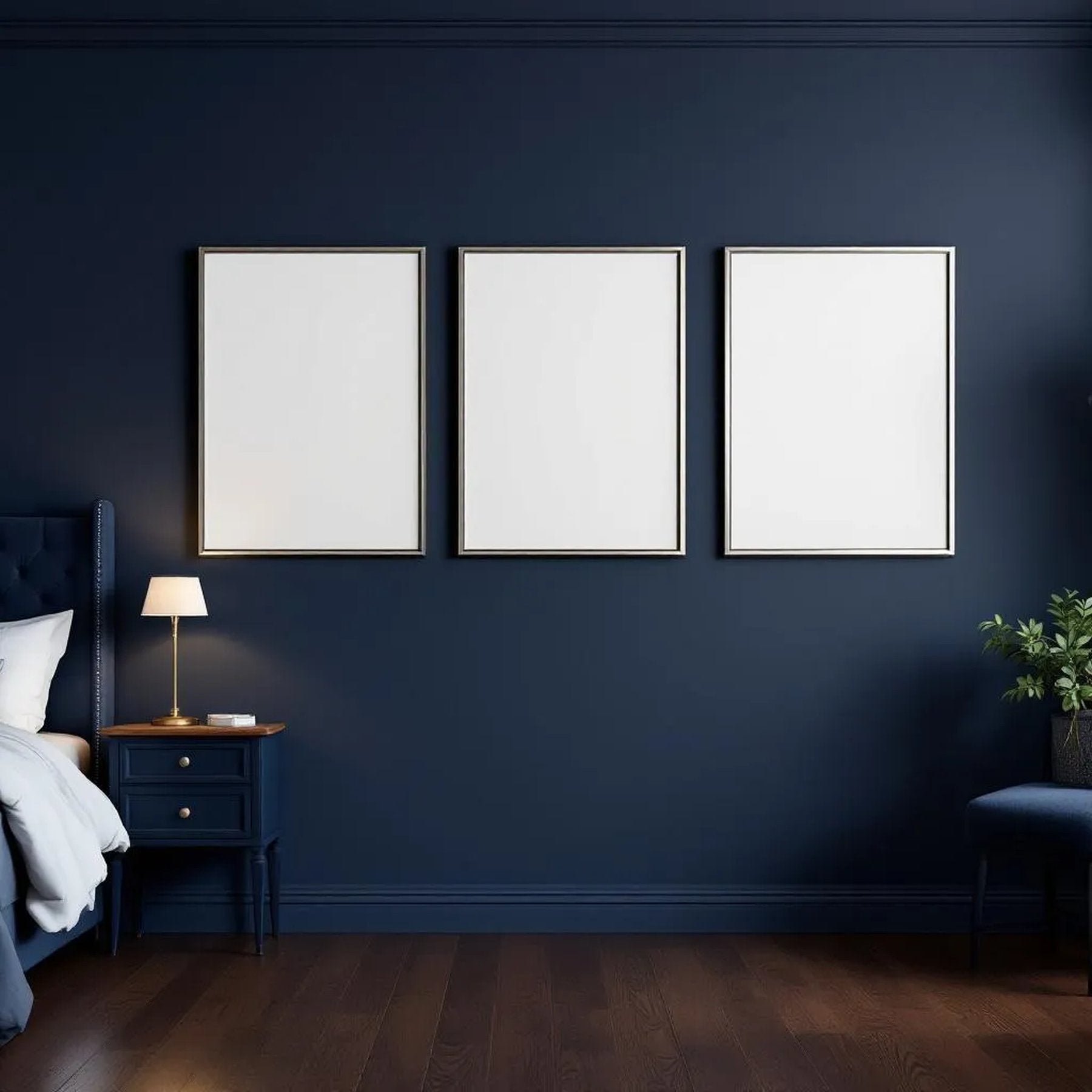 Bedroom Navy High-Res Frame Mockup — Plain Square Frame A-Series (A4 / A3) — Perspective View — #04315 | MockupBulk
