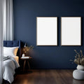 Bedroom Navy Room Scene Mockup — Plain Square Frame A-Series (A4 / A3) — Perspective View — #04321 | MockupBulk