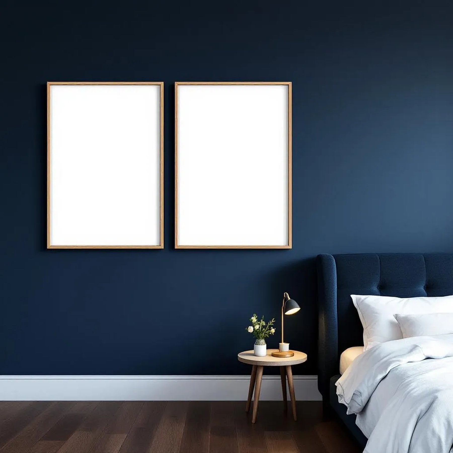 Bedroom Navy Premium Interior Mockup — Plain Square Frame Portrait 2:3 — Perspective View — #04327 | MockupBulk