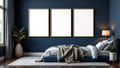 Bedroom Navy Lifestyle Frame Mockup — Raw Pine Frame Portrait 2:3 — Perspective View — #04328 | MockupBulk
