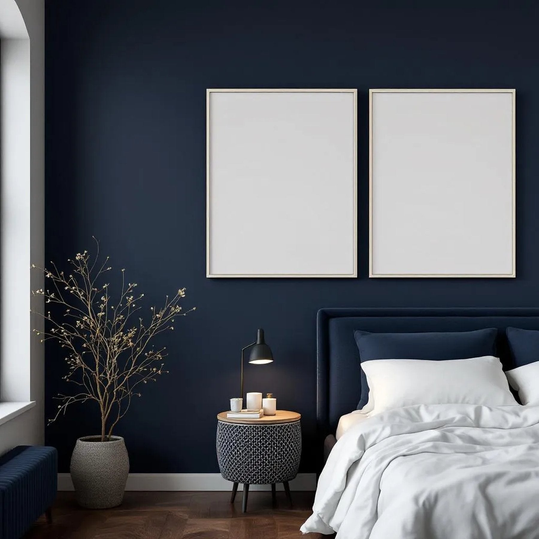 Bedroom Navy Lifestyle Frame Mockup — Plain Square Frame Portrait 2:3 — Perspective View — #04330 | MockupBulk
