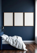 Bedroom Navy Professional Frame Mockup — Raw Pine Frame Portrait 2:3 — Perspective View — #04332 | MockupBulk