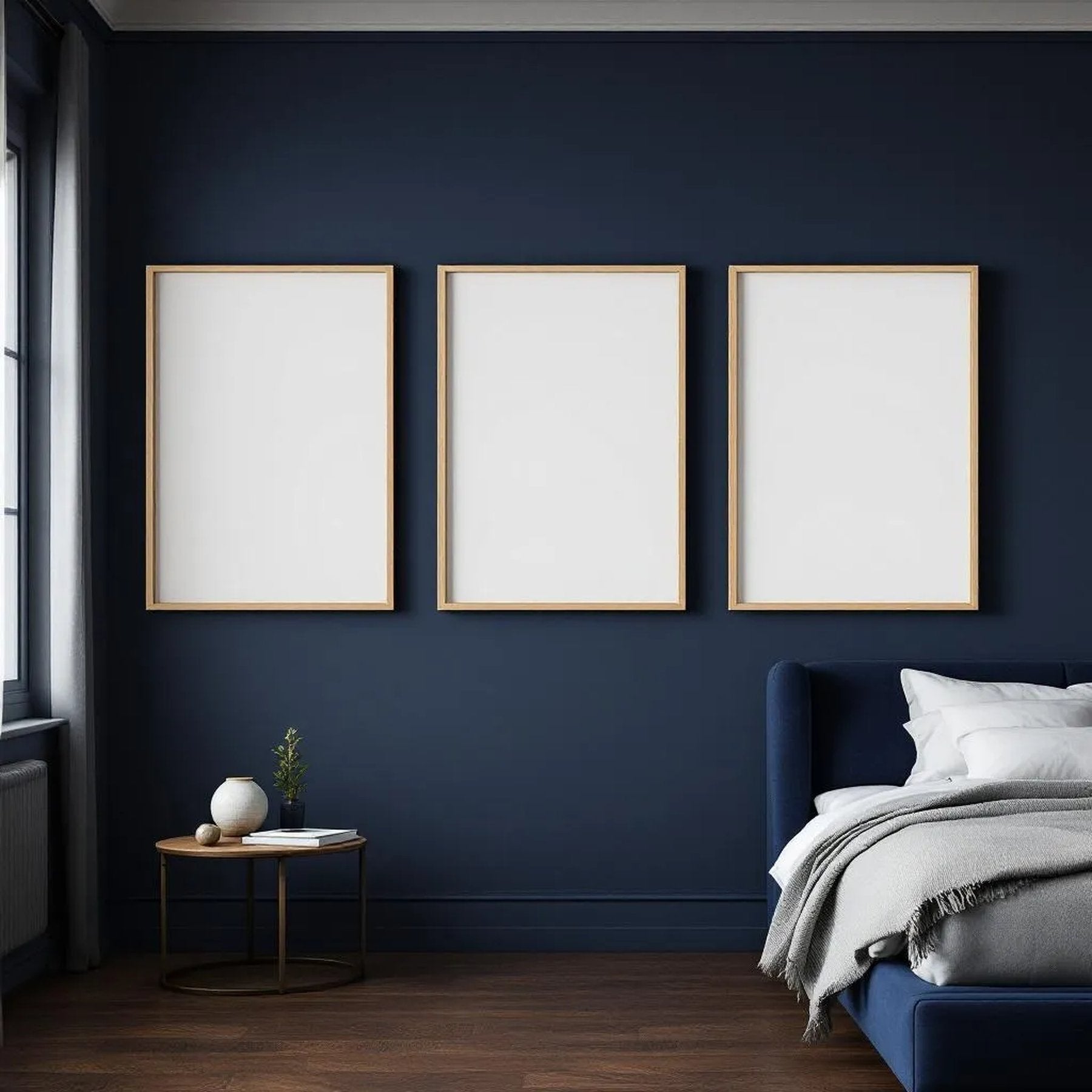 Bedroom Navy Premium Interior Mockup — Plain Square Frame Portrait 2:3 — Perspective View — #04333 | MockupBulk