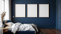 Bedroom Navy Room Scene Mockup — Raw Pine Frame Portrait 2:3 — Perspective View — #04334 | MockupBulk