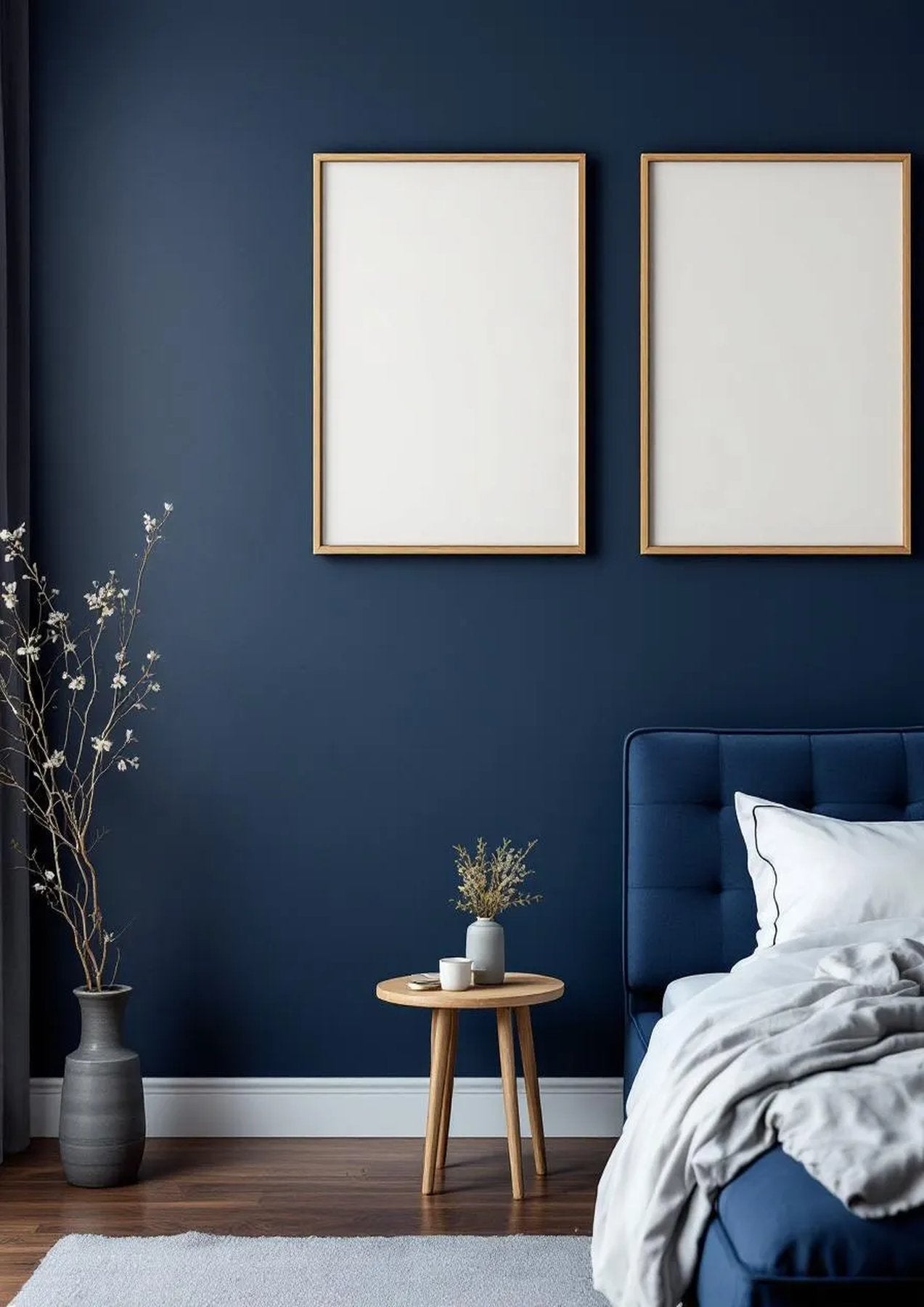Bedroom Navy Professional Frame Mockup — Raw Pine Frame Portrait 2:3 — Perspective View — #04335 | MockupBulk