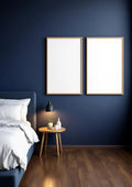 Bedroom Navy Wall Art Mockup — Raw Pine Frame Portrait 2:3 — Perspective View — #04338 | MockupBulk
