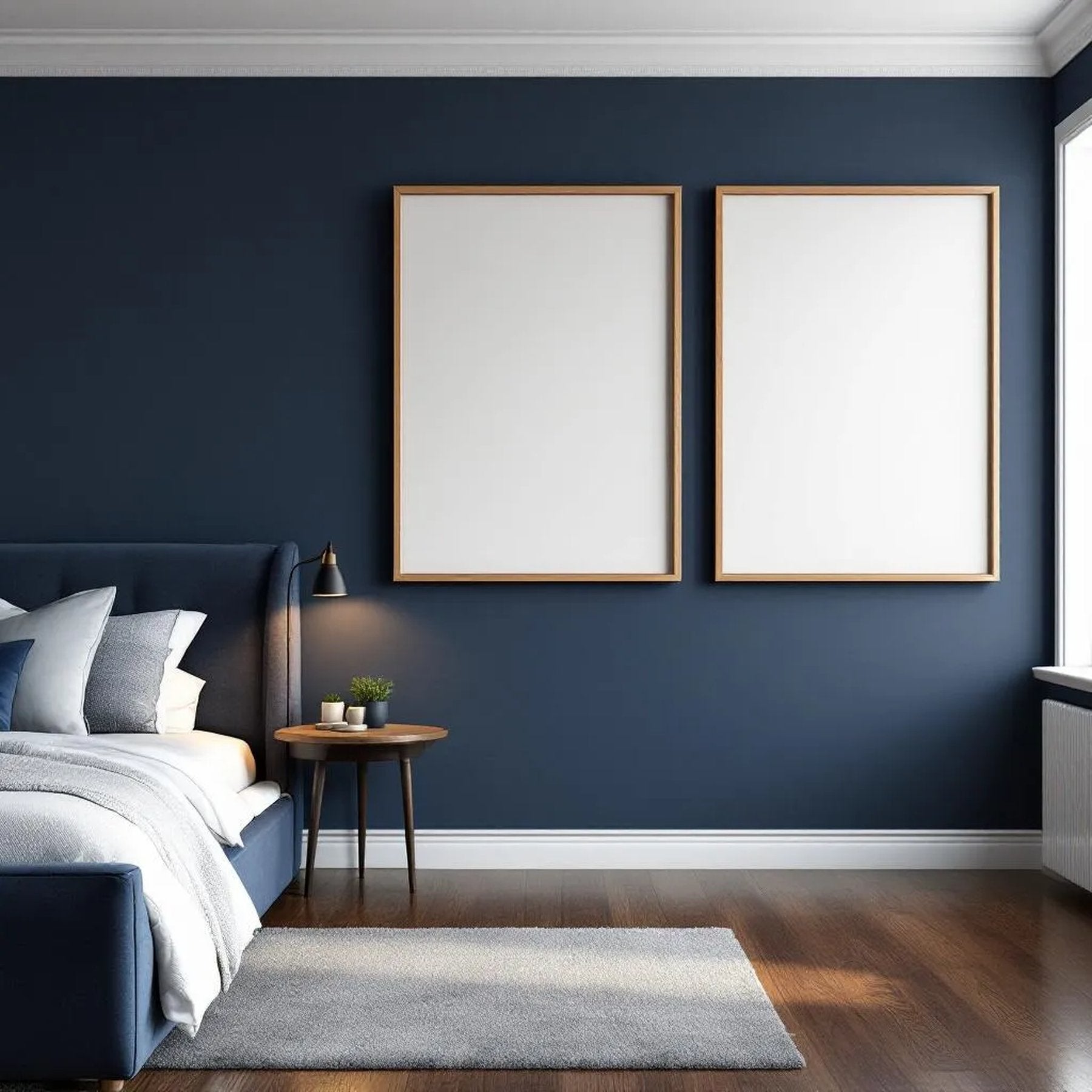 Bedroom Navy Room Scene Mockup — Plain Square Frame Portrait 2:3 — Perspective View — #04339 | MockupBulk