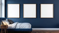 Bedroom Navy Frame Display Mockup — Raw Pine Frame Portrait 2:3 — Perspective View — #04340 | MockupBulk