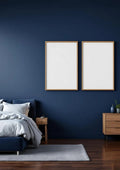 Bedroom Navy Room Scene Mockup — Raw Pine Frame Portrait 2:3 — Perspective View — #04341 | MockupBulk