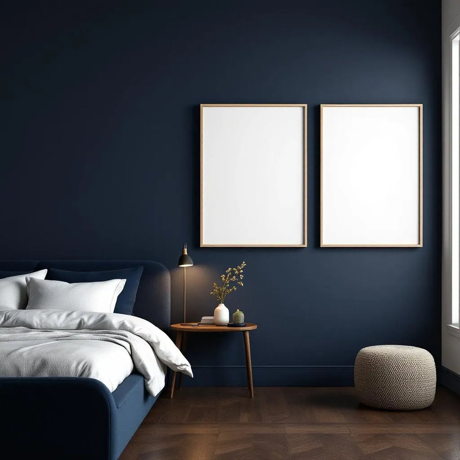 Bedroom Navy Wall Art Mockup — Plain Square Frame Portrait 5:7 — Perspective View — #04342 | MockupBulk