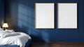 Bedroom Navy Lifestyle Frame Mockup — Raw Pine Frame Portrait 5:7 — Perspective View — #04343 | MockupBulk